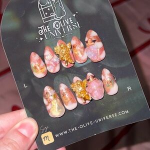 Pink Skies “Ambrosia” Press-On Nail Set with Gold Accents and Iridescent Fruit
